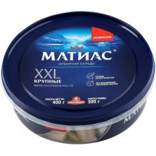 Сельдь Атлантическая слабосоленая САНТА БРЕМОР Матиас XXL Отборный, филе-кусочки в масле, 400г в магазинах Лента