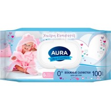 Салфетки влажные детские AURA Ultra comfort с экстрактом алоэ и витамином Е, 100шт в магазинах Лента