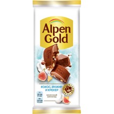 Шоколад молочный ALPEN GOLD с сушеным инжиром, кокосовой стружкой и соленым крекером, 85г в магазинах Лента