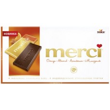 Шоколад горький MERCI с соком апельсина и кусочками миндаля, 100г в магазинах Лента