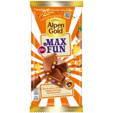 Шоколад молочный ALPEN GOLD Max Fun c фруктовыми кусочками со вкусом манго, ананаса, маракуйи, с шипучими рисовыми шариками и взрывной карамелью, 150г в магазинах Лента