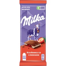 Шоколад молочный MILKA с двухслойной начинкой, клубничная и сливочная, 85г в магазинах Лента
