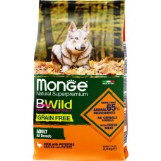 Корм сухой для взрослых собак MONGE Dog BWild из мяса утки с картофелем, для всех пород, 2,5кг в магазинах Лента