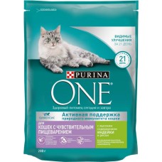Корм сухой для взрослых кошек PURINA ONE Sensitive Индейка и рис, с чувствительным пищеварением, 200г в магазинах Лента