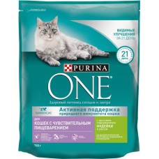 Корм сухой для взрослых кошек PURINA ONE с высоким содержанием индейки и рисом, с чувствительным пищеварением и разборчивым вкусом в еде, 750г в магазинах Лента