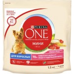 Корм сухой для взрослых собак PURINA ONE Adult Говядина и рис, для мелких и карликовых пород, 1,5кг