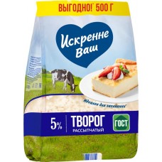 Творог рассыпчатый ИСКРЕННЕ ВАШ 5%, без змж, 500г в магазинах Лента