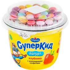 Йогурт САВУШКИН Суперкид Клубника, конфеты с топпером 2%, без змж, 103г в магазинах Лента