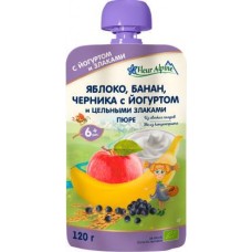 Пюр Флёр альпин молочное яблоко банан черника с йогуртом и цельными злаками с 6 месяцев 120г в магазинах Магнит