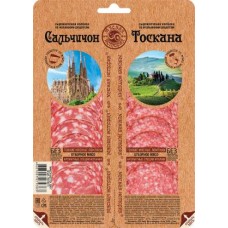 Колбаса Мясная история Ассор Сальчичон Тоскана сырокопченая нарезка 100г в магазинах Магнит