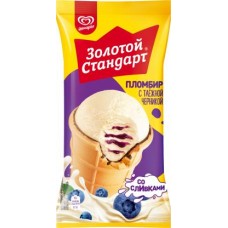 Мороженое Золотой стандарт Пломбир Черника в вафельном стакане 89г в магазинах Магнит
