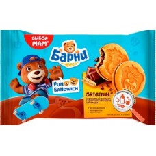 Пирожное Медвежонок Барни Фан сэндвич с начинкой с кусочками темного шоколада 180г в магазинах Магнит