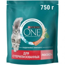 Сухой корм Purina One для стерилизованных кошек и кастрированных котов с лососем, 750г в магазинах Перекресток
