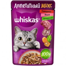 Влажный корм Whiskas Аппетитный микс для кошек с говядиной языком и овощами в желе, 75г в магазинах Перекресток
