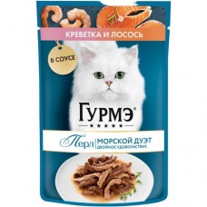 Корм Purina Gourmet Перл Морской Дуэт креветка и лосось нежное филе в соусе для взрослых кошек, 75г в магазинах Перекресток