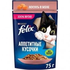 Корм Felix Аппетитные кусочки с лососем в желе для взрослых кошек, 75г в магазинах Перекресток
