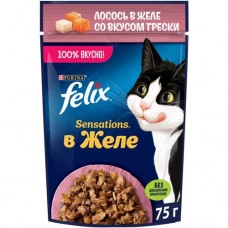 Корм Felix Двойная Вкуснятина с лососем в желе со вкусом трески консервированный для взрослых кошек, 75г в магазинах Перекресток