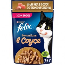 Корм Felix Sensations в соусе с индейкой со вкусом бекона для взрослых кошек, 75г в магазинах Перекресток