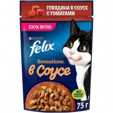 Корм Felix Sensations с говядиной в соусе с томатами консервированный полнорационный для взрослых кошек, 75г в магазинах Перекресток