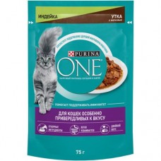 Корм Purina One для взрослых кошек с индейкой уткой и морковью мини филе в соусе, 75г в магазинах Перекресток