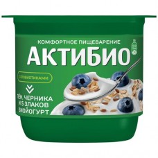 Биойогурт Актибио с черникой злаками и льняными семенами обогащенный бифидобактериями 3%, 130г в магазинах Перекресток