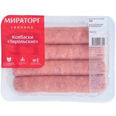 Колбаски свиные Мираторг тирольские с зеленью охлаждённые, 400г в магазинах Перекресток