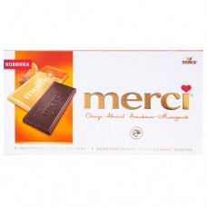 Шоколад горький Merci с соком апельсина и кусочками миндаля, 4x25г в магазинах Перекресток