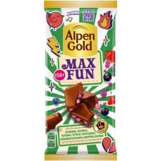 Шоколад молочный Alpen Gold Max Fun молочный Ягоды+взрывная карамель и шипучие шарики, 150г в магазинах Перекресток