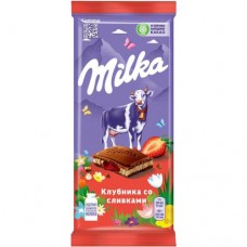 Шоколад молочный Milka с двухслойной начинкой клубнично-сливочной, 85г в магазинах Перекресток