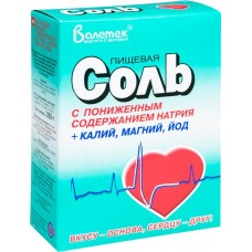 Соль Валетек пищевая с пониженным содержанием натрия-калий-магний-йод, 350г в магазинах Перекресток