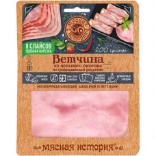 Ветчина варёная Мясная История из цельного окорока свинины категория А, 200г в магазинах Перекресток
