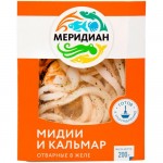Мидии и кальмар Меридиан отварные в желе с зеленью, 200г