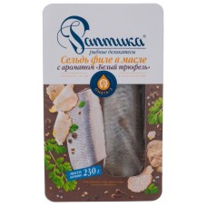 Сельдь тихоокеанская Раптика филе в масле с ароматом белый трюфель солёная, 230г в магазинах Перекресток