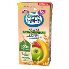 Кашка безмолочная из пяти злаков с яблоком бананом и клубникой обогащ пребиотиком. Д/пит детей раннего возраста ФрутоНяня 0,2 л в магазинах Пятерочка