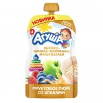 продукт дет.пит. пюре фруктово-зерновое  яблоко, черника, земляника, злаки  протертое, Агуша, 90г