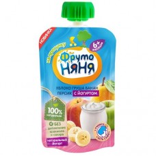 Пюре из яблок, груш, бананов и персиков с йогуртом для питания детей раннего возраста БЗЖМ ФрутоНяня 90 гр в магазинах Пятерочка