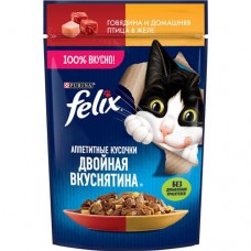 Felix Аппетитные Кусочки. Двойная Вкуснятина. Корм консервированный полнорационный для взрослых кошек, с говядиной и домашней птицей в желе, 75 г в магазинах Пятерочка