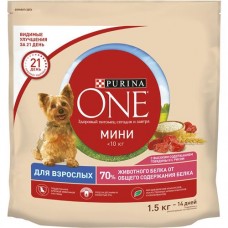 Сухой корм полнорационный Purina ONE® МИНИ взрослая для взрослых собак мелких пород старше одного года с высоким содержанием говядин ы и рисом, Пакет, 1,5 кг в магазинах Пятерочка