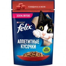 Felix Аппетитные кусочки. Корм консервированный полнорационный для взрослых кошек, с говядиной в желе, 75 г