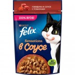 Felix Sensations. Корм консервированный полнорационный для взрослых кошек, с говядиной в соусе с томатами, 75 г Felix Sensations. Корм консервированный полнорационный для взрослых кошек, с говядиной в соусе с томатами, 75 г